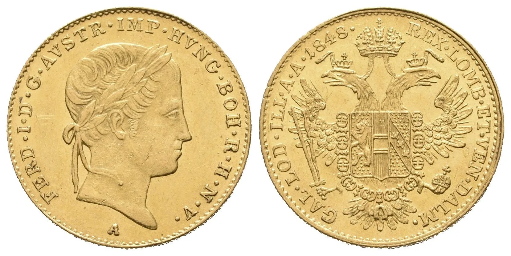 Dukát 1848 A, velmi pěkná zachovalost, lesk na Rv., — 1
