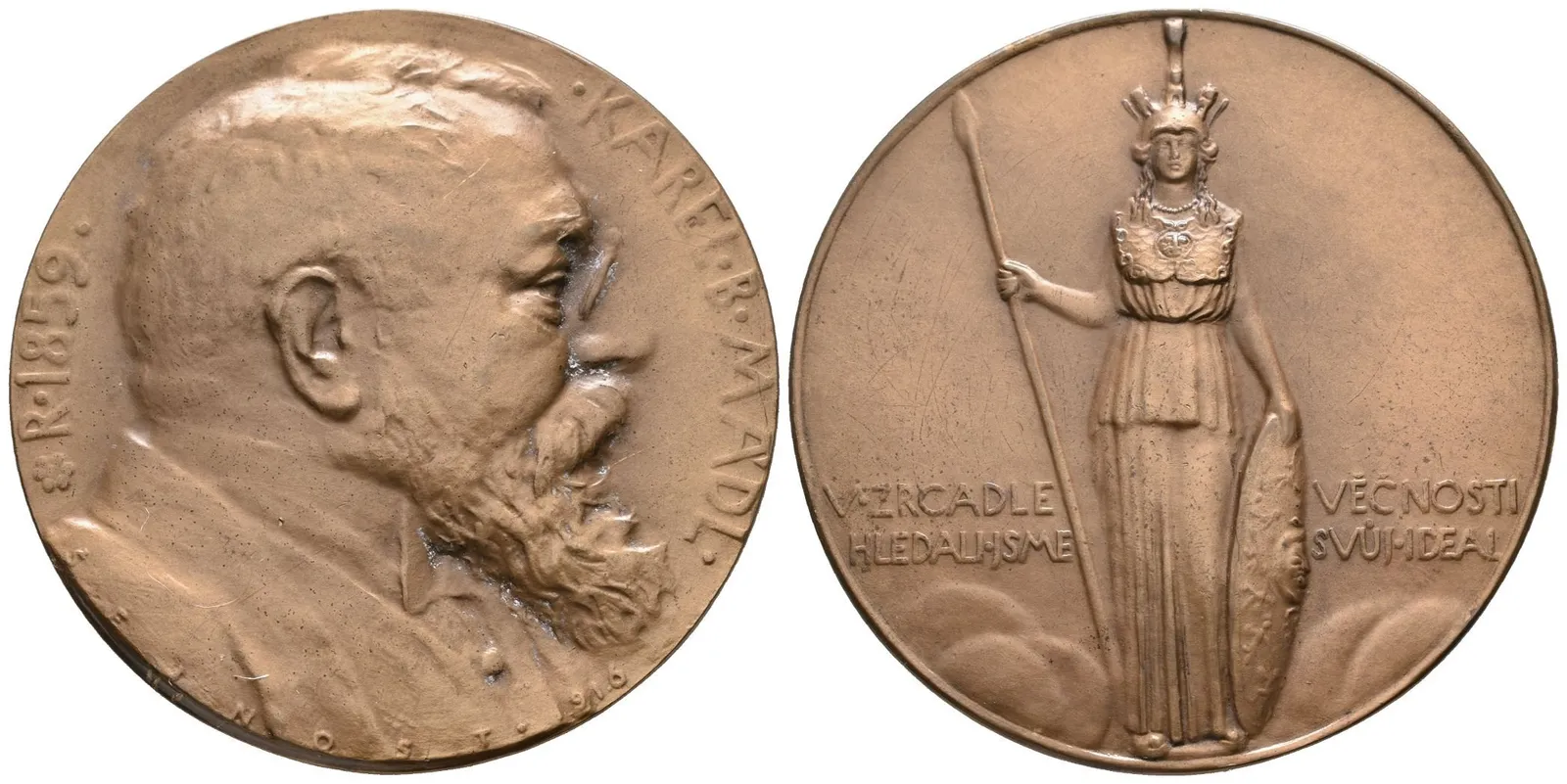 AE Medaile 1916 - Karel Boromejský Mádl, historik umění. Poprsí zleva, opis / Stojící — 1
