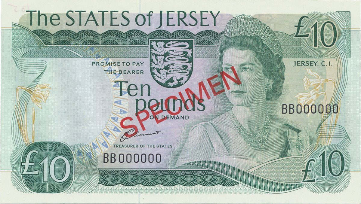 Jersey, 10 Pounds (1976~1988), bankovní vzor, přetisk SPECIMEN, P.13as