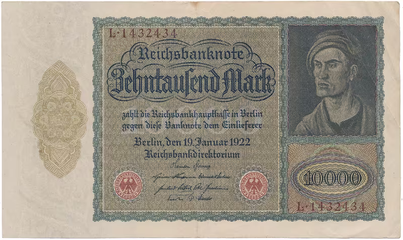 Německo, 10.000 Mark 1922, velký formát, zjednodušený obraz na Rv., Ro.68b
