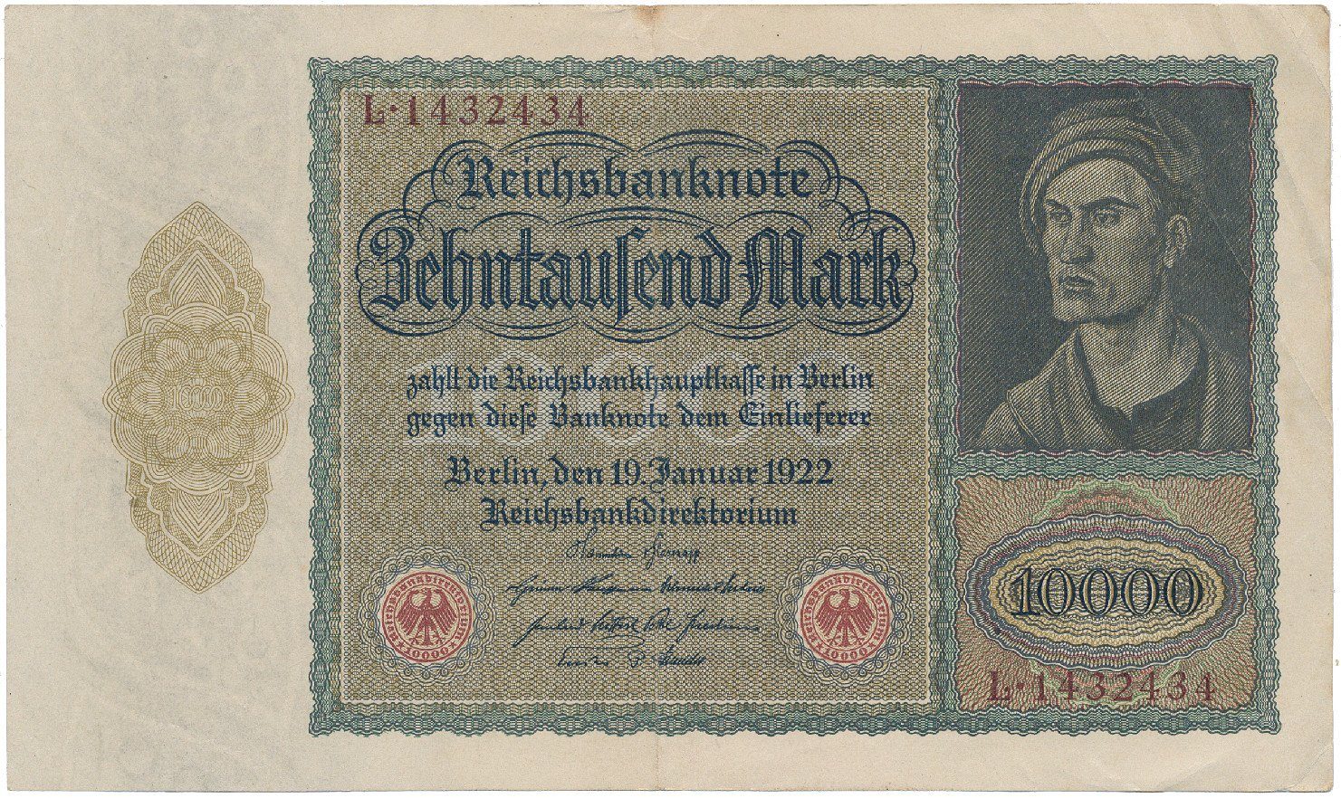 Německo, 10.000 Mark 1922, velký formát, zjednodušený obraz na Rv., Ro.68b
