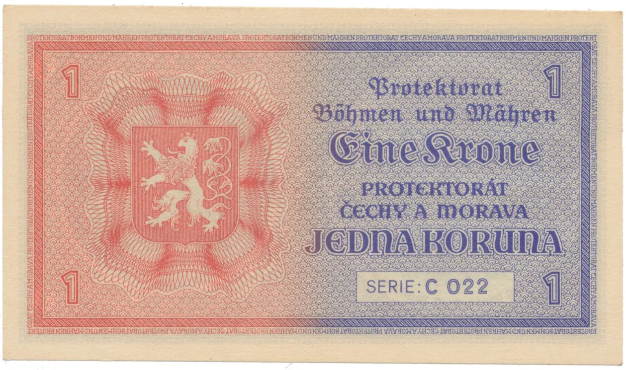 Protektorát Čechy a Morava, 1 Koruna b.d. (1940), tisk TB NBČM, série C, Hej.30aC