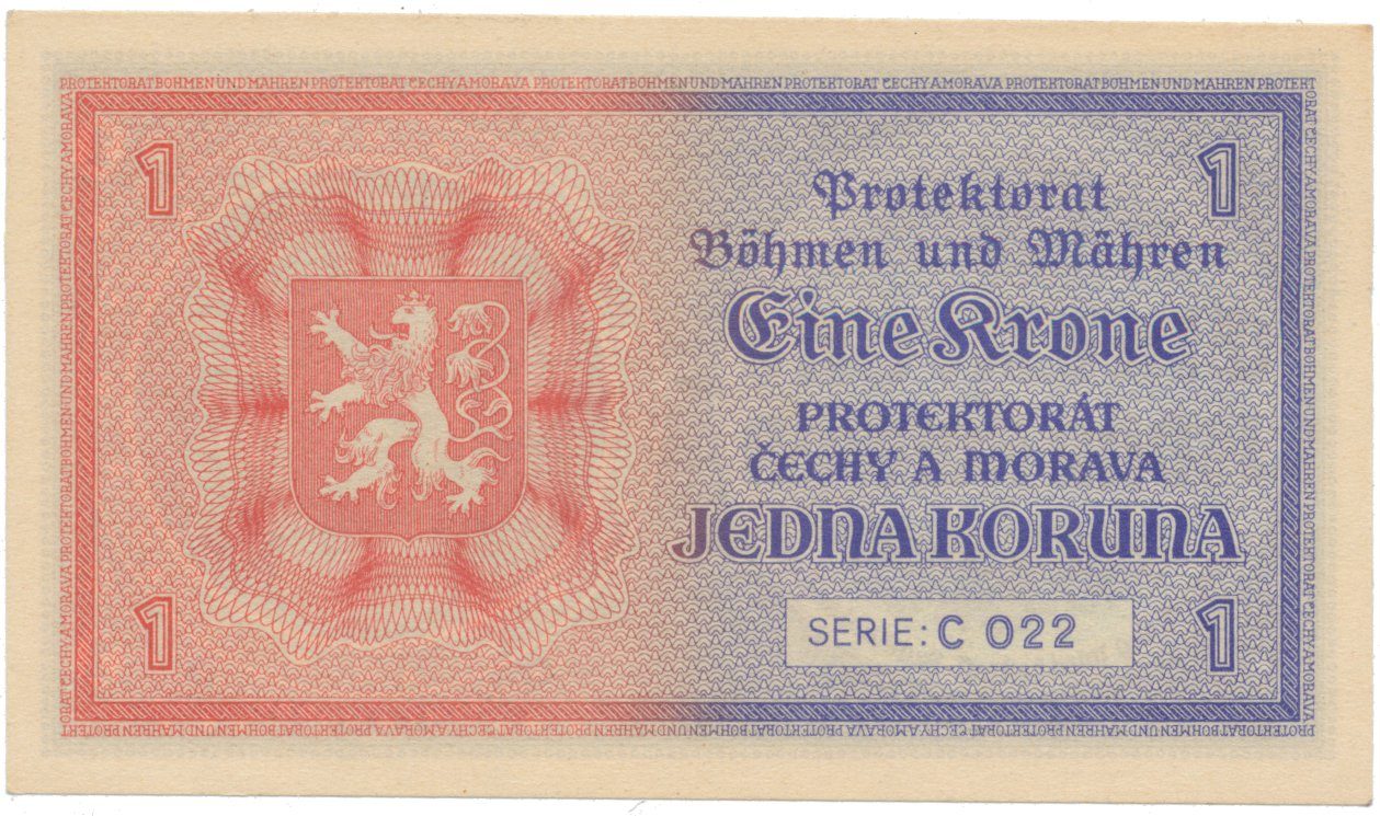 Protektorát Čechy a Morava, 1 Koruna b.d. (1940), tisk TB NBČM, série C, Hej.30aC
