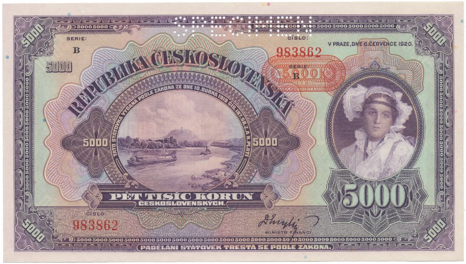 5000 Koruna 1920 (přetisk 1943), série B, SPECIMEN, Hej.N1