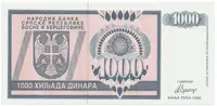 Bosna a Hercegovina, 1000 Dinara 1992, anulát, AA 0000000, P.137 - fotografie 2