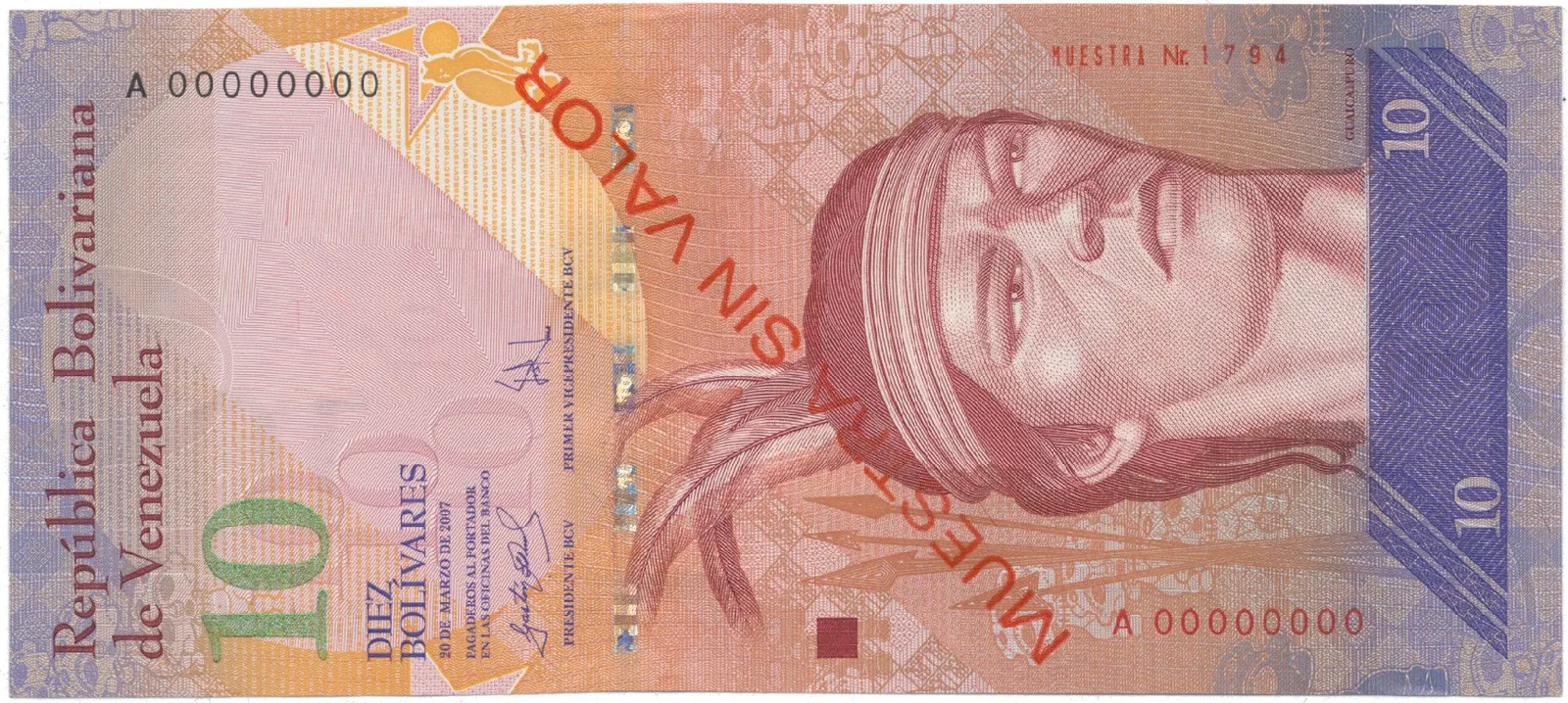 Venezuela, 10 Bolivares 2007, anulát - MUESTRA SIN VALOR, P.90as