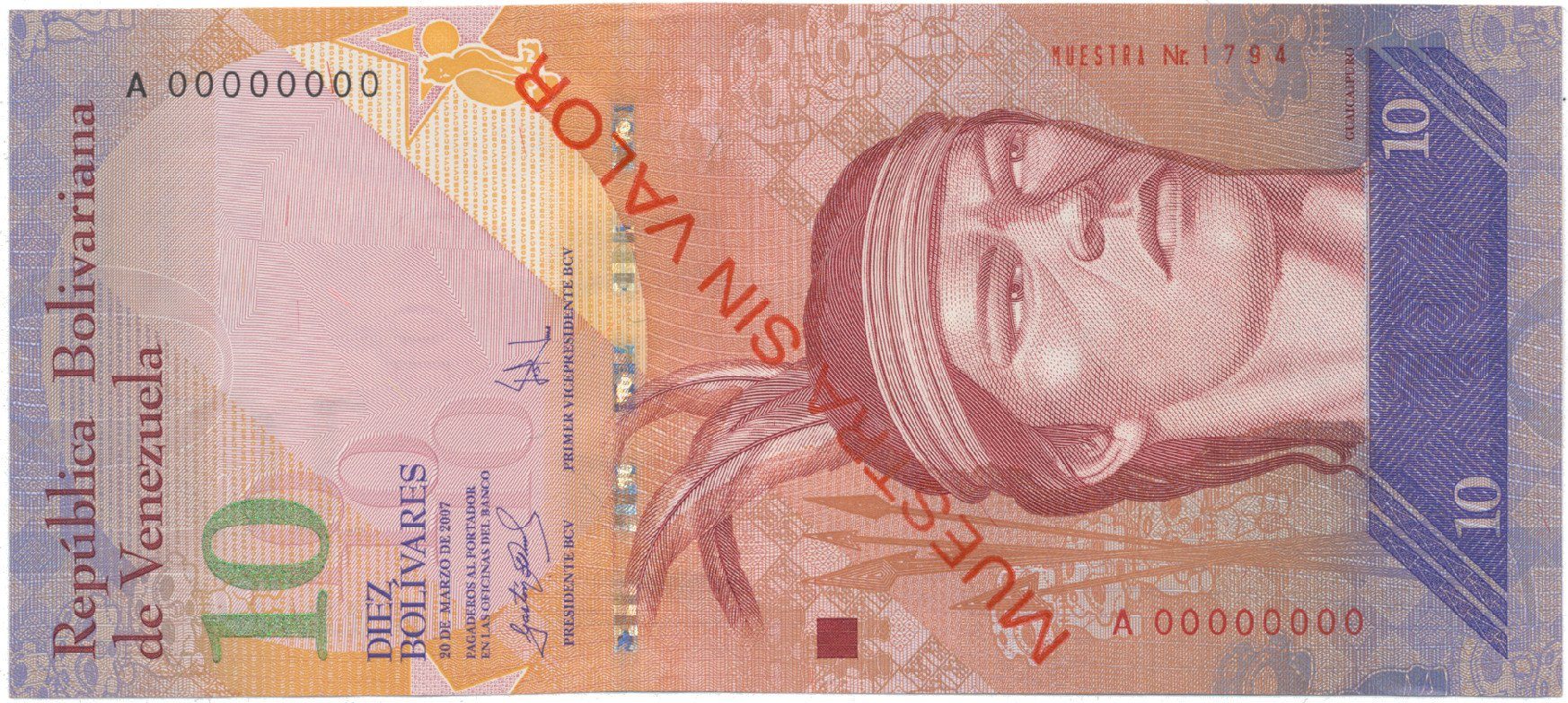 Venezuela, 10 Bolivares 2007, anulát - MUESTRA SIN VALOR, P.90as