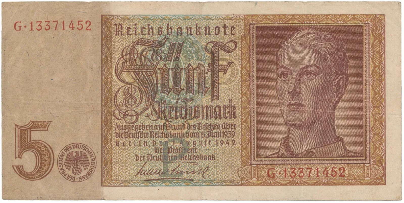 Německo, 5 Reichsmark 1942, 8-místný čísl., vodotisk s převrácenou "5", Hej.D1b1