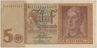 Německo, 5 Reichsmark 1942, 8-místný čísl., vodotisk s převrácenou "5", Hej.D1b1