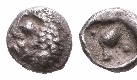 Tetartemorion, 510 - 496 př. Kr., Lví hlava vpravo / Stojící pták vpravo v inkusním čtverci,