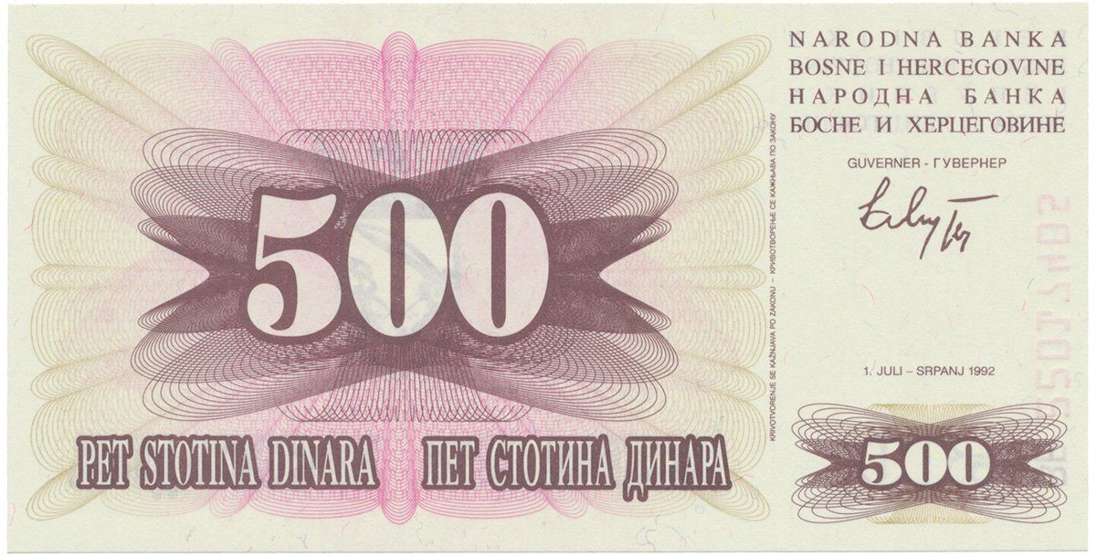Bosna a Hercegovina, 500 Dinara 1992, P.14a