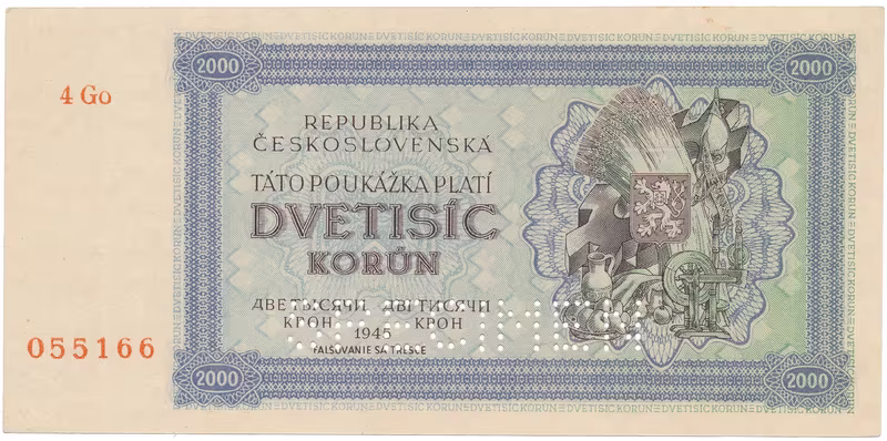2000 Koruna 1945, série s 1 číslem, SPECIMEN dole, Hej.69a1.S2