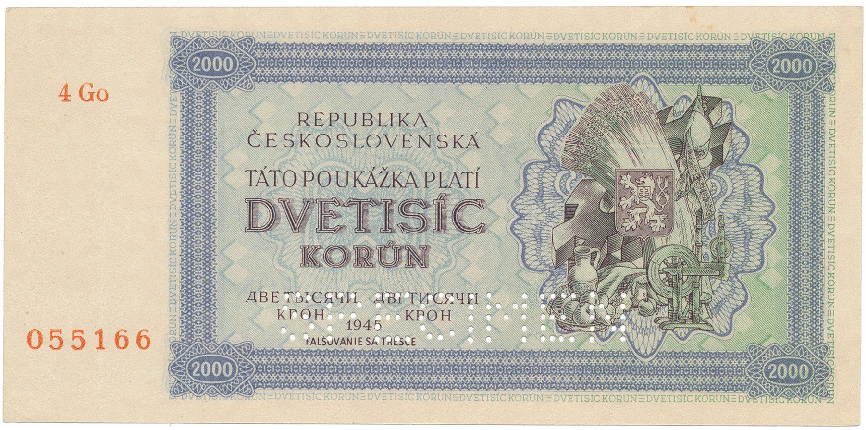 2000 Koruna 1945, série s 1 číslem, SPECIMEN dole, Hej.69a1.S2