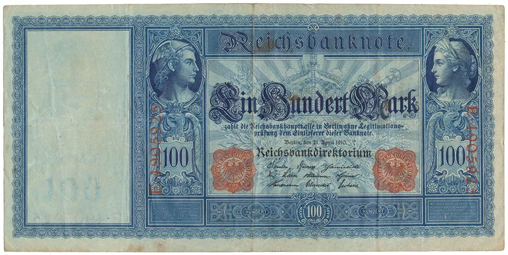 Německo, 100 Mark 1910, červený číslovač, modrý papír, Ro.43b