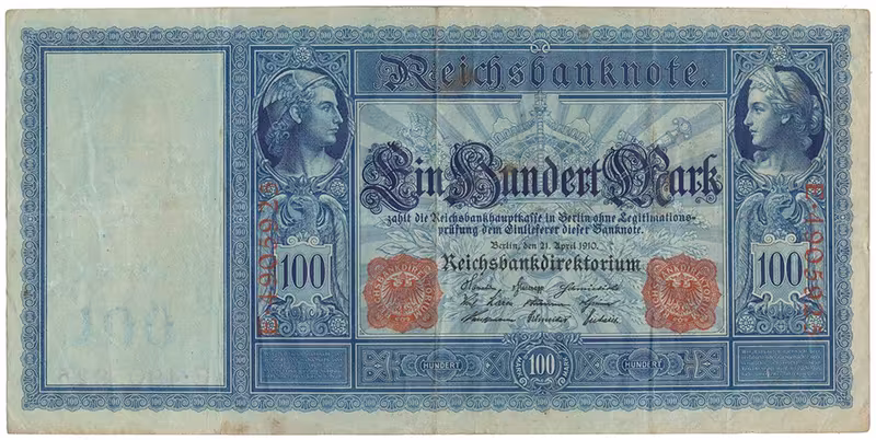 Německo, 100 Mark 1910, červený číslovač, modrý papír, Ro.43b