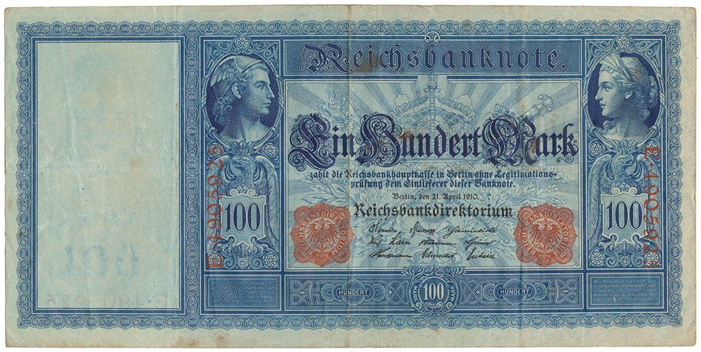 Německo, 100 Mark 1910, červený číslovač, modrý papír, Ro.43b