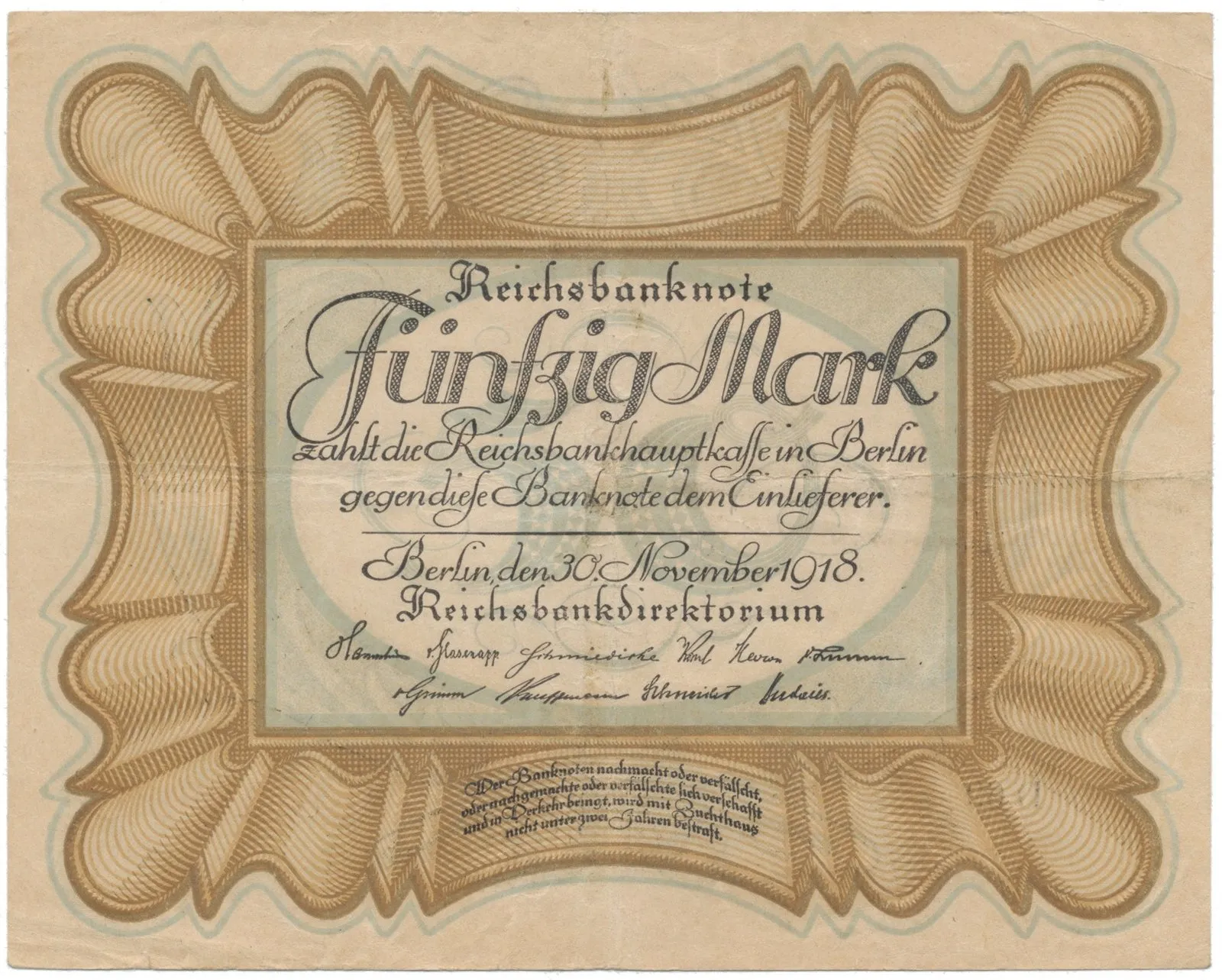 Německo, 50 Mark 1918, "EIERSCHEIN", nejvzácnější varianta, Ro.57c