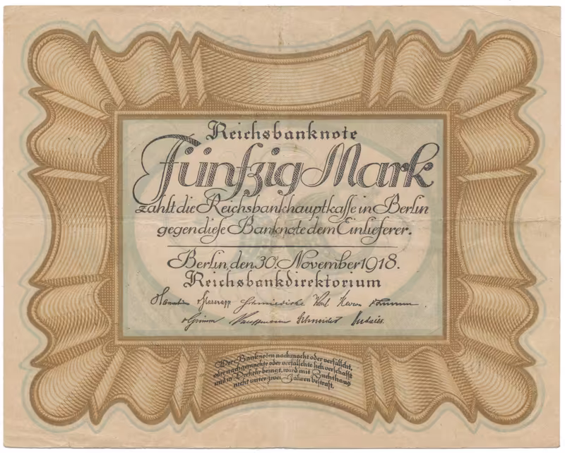 Německo, 50 Mark 1918, "EIERSCHEIN", nejvzácnější varianta, Ro.57c