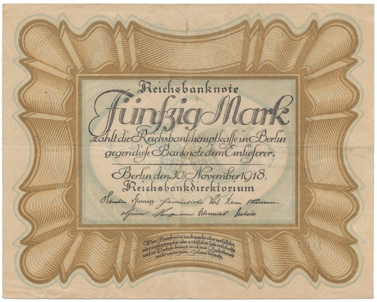 Německo, 50 Mark 1918, "EIERSCHEIN", nejvzácnější varianta, Ro.57c