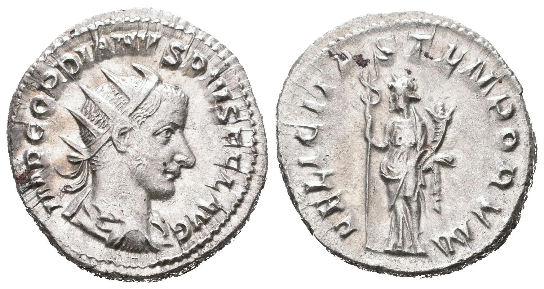 Antoninian, 243 - 244, Rv: FELICITAS TEMPORVM, stojící Felicitas zleva drží dlouhý — 1