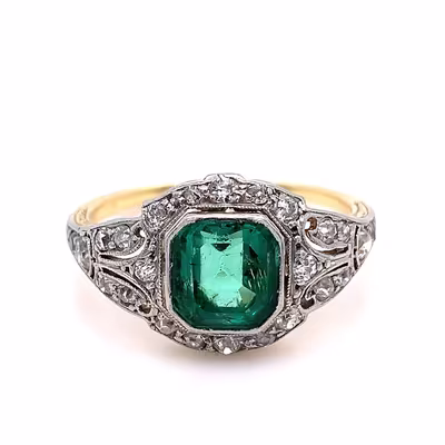 Luxusní prsten s diamanty a smaragdem | Art deco | Československo 1930 | znalecký posudek
