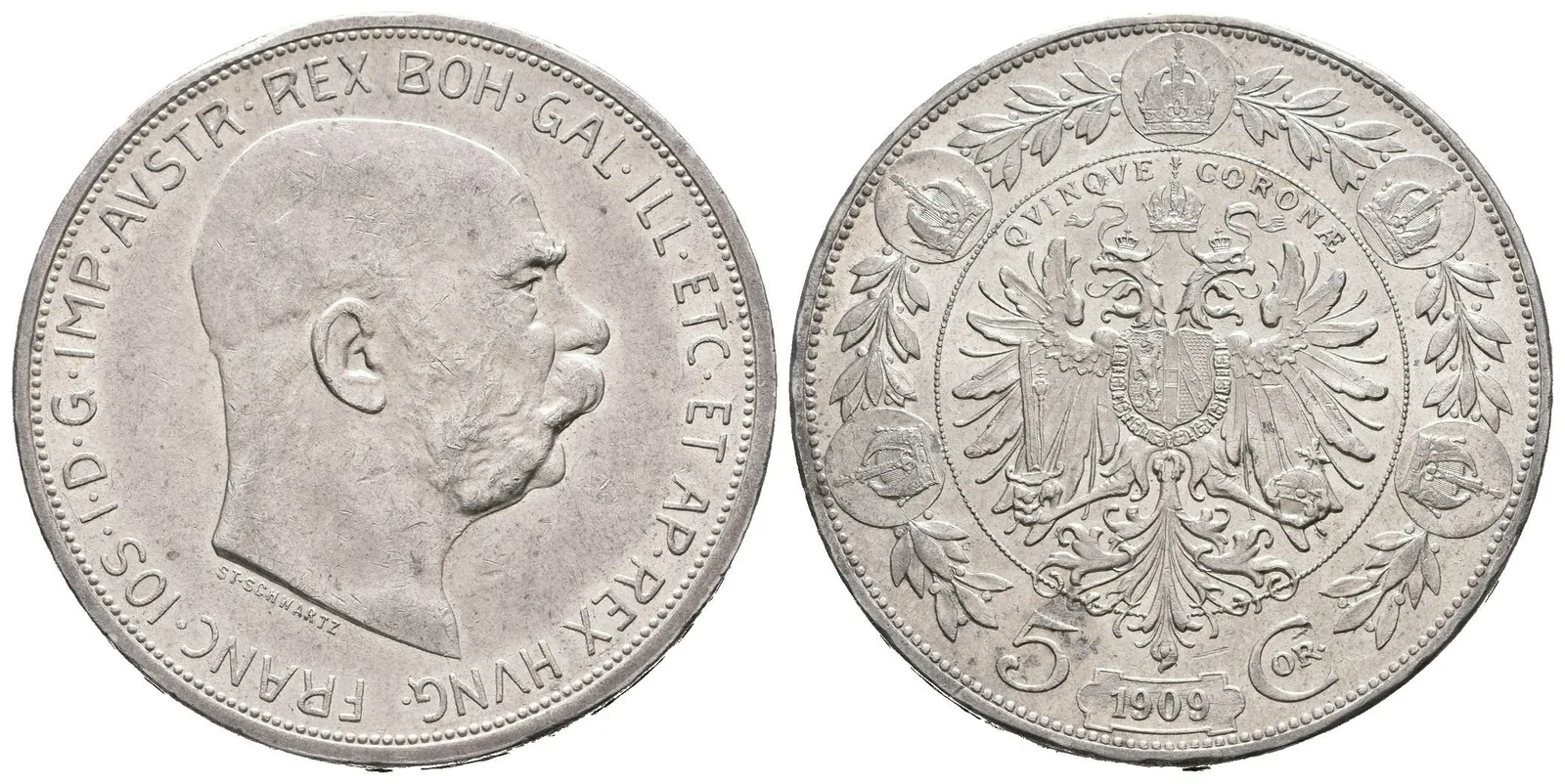 5 Koruna 1909, typ Schwartz, krásná zachovalost, ražební lesk na Rv., — 1