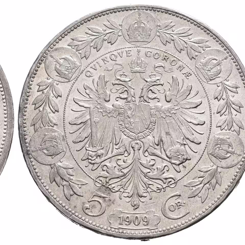 5 Koruna 1909, typ Schwartz, krásná zachovalost, ražební lesk na Rv.,
