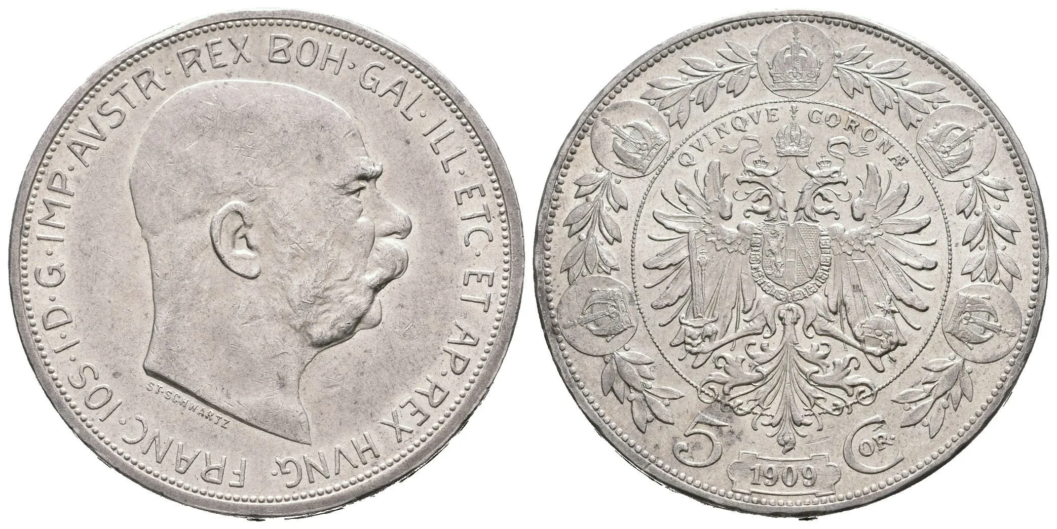 5 Koruna 1909, typ Schwartz, krásná zachovalost, ražební lesk na Rv., — 1