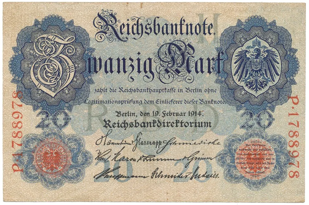 Německo, 20 Mark 1914, 7-místný číslovač, Ro.47b