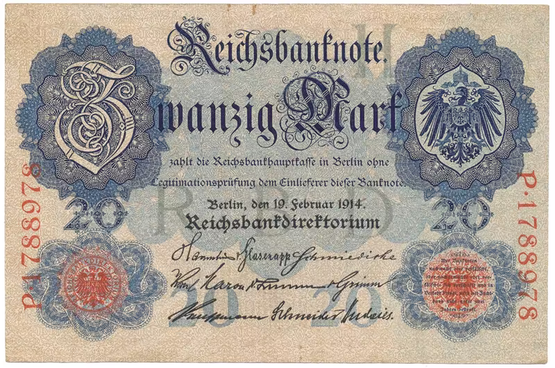 Německo, 20 Mark 1914, 7-místný číslovač, Ro.47b