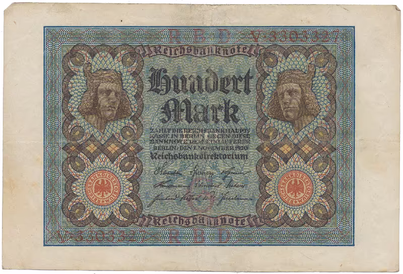 Německo, 100 Mark 1920, 7-místný číslovač, Ro.67a