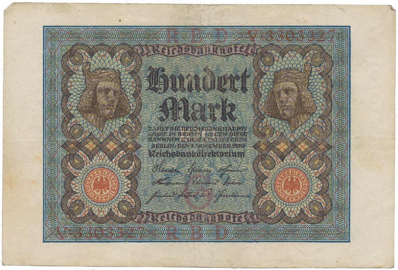 Německo, 100 Mark 1920, 7-místný číslovač, Ro.67a