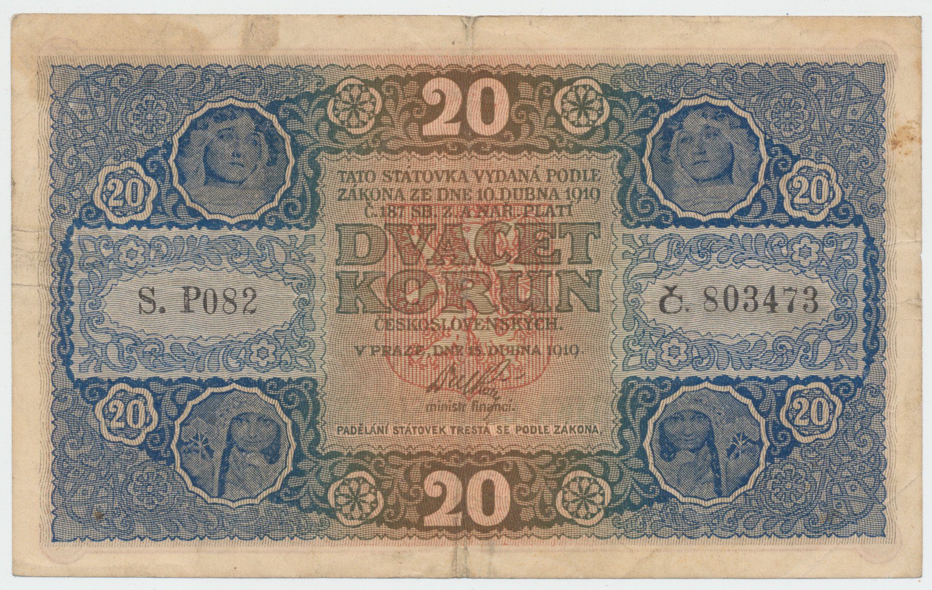 Československo, 20 Koruna 1919, série P 082, tisk Národní Politika Praha, Hej.10a