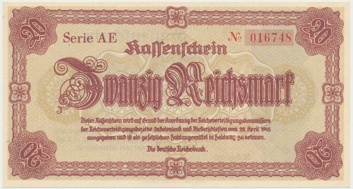 Reichenberg (Liberec) - Deutsche Reichsbank, 20 K  28. 4. 1945, série AE, HH.188.1.1a