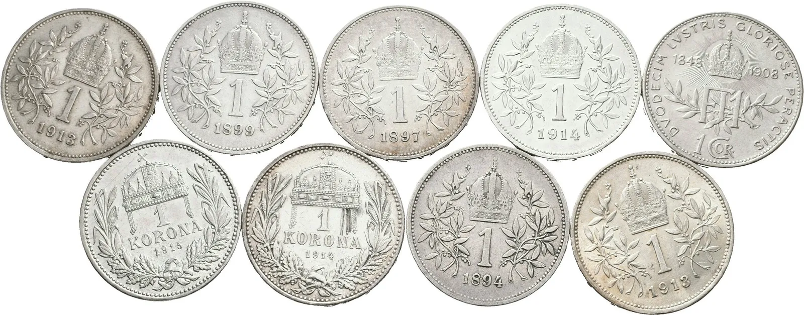 Soubor 1 Korunových mincí 1894 - 1915, bz i KB, různé ročníky, — 1