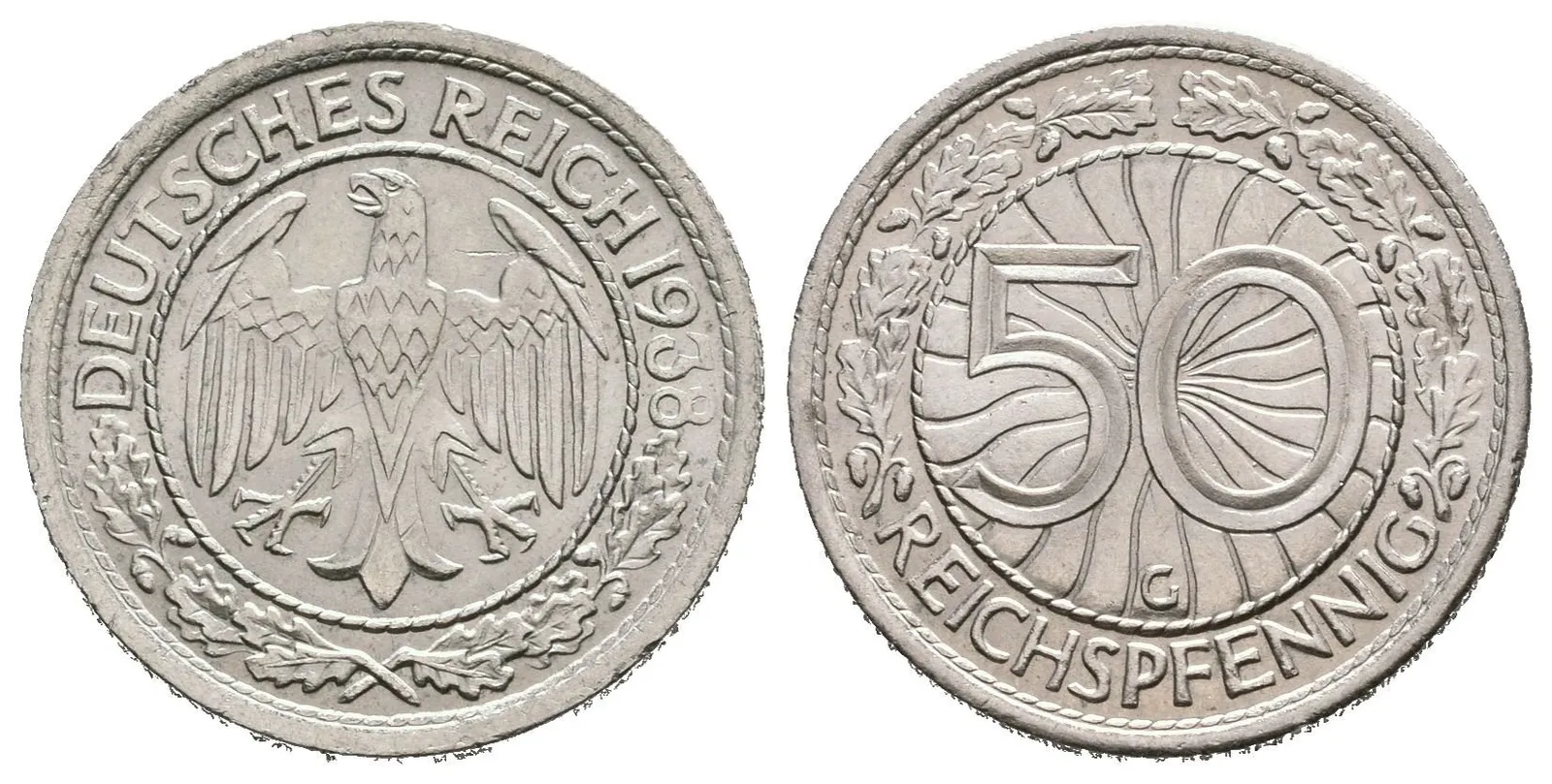 50 Pfennig 1938 G (Ni), J.324, krásná zachovalost, lesk — 1