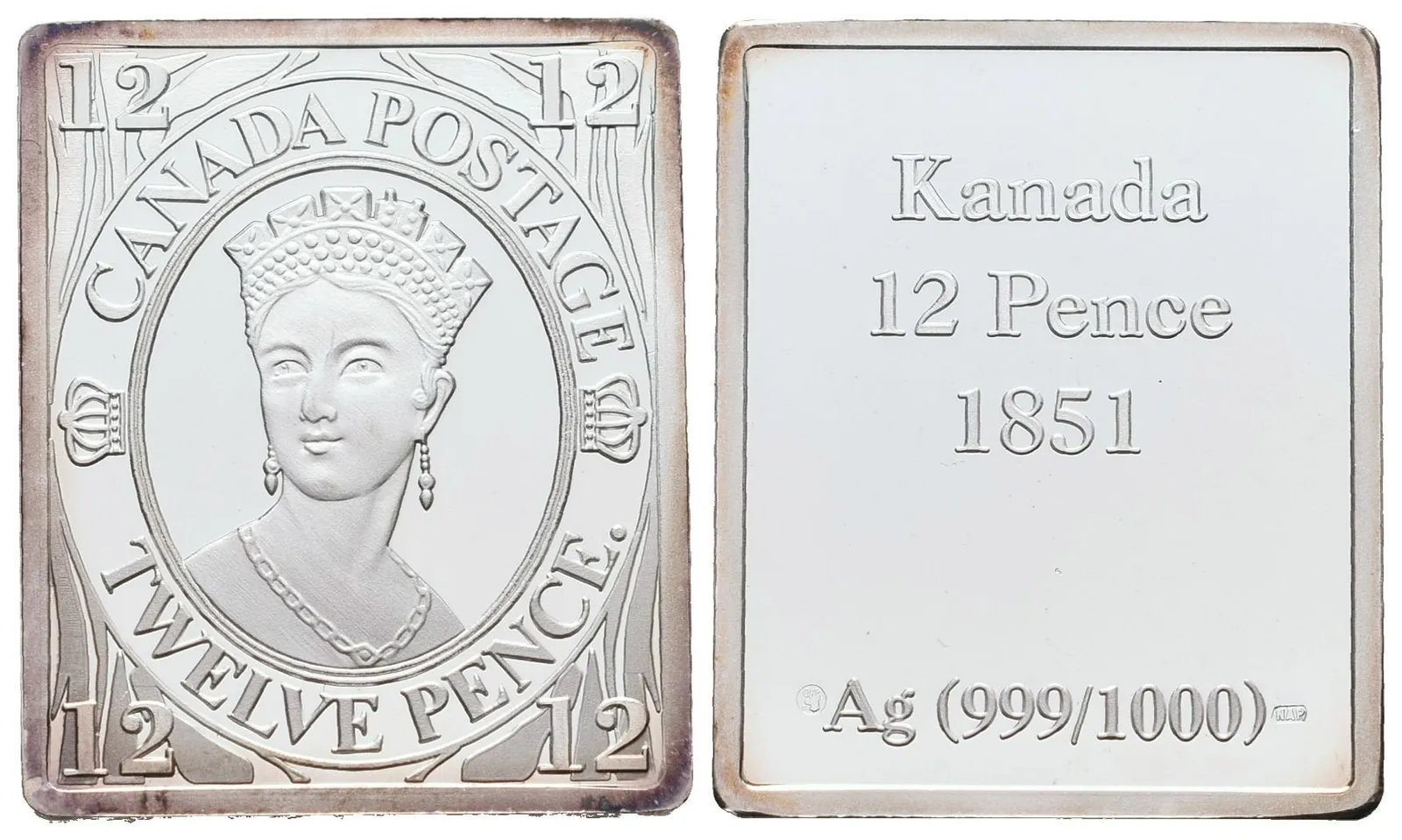 Stříbrná známka - Kanadská '12 Pence' z roku 1851 - Ag 8 g - 999/1000