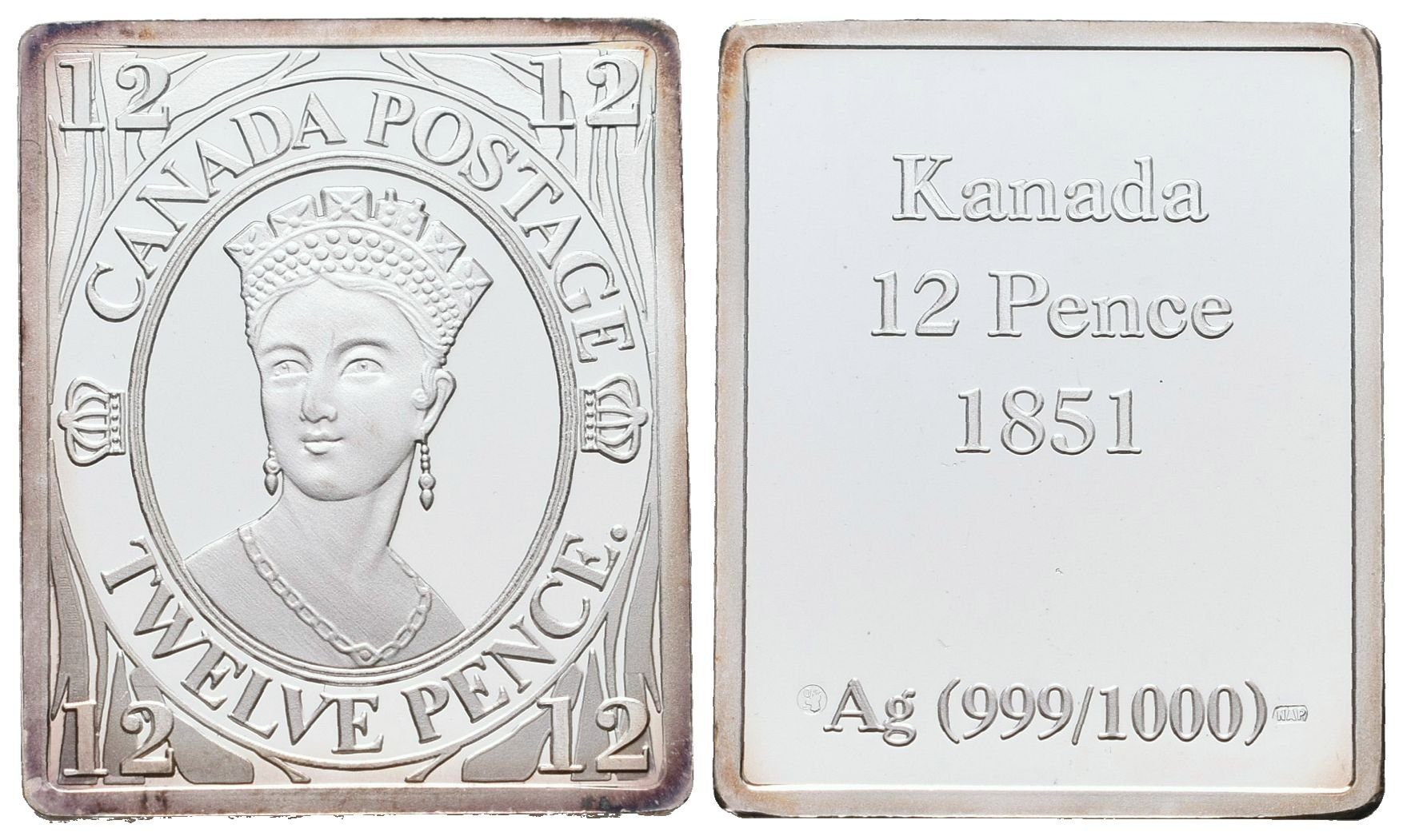 Stříbrná známka - Kanadská '12 Pence' z roku 1851 - Ag 8 g - 999/1000