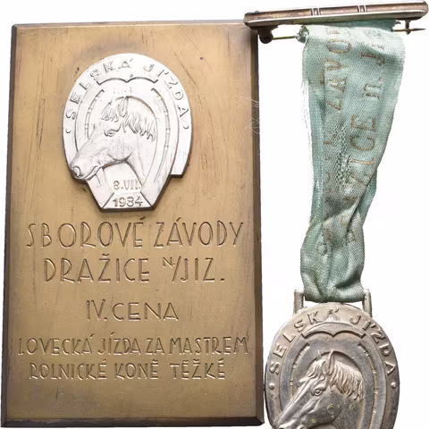 AE Medaile + Odznak 1934 - Sborové závody "Selská jízda", IV. cena v lovecké jízdě za mastrem.
