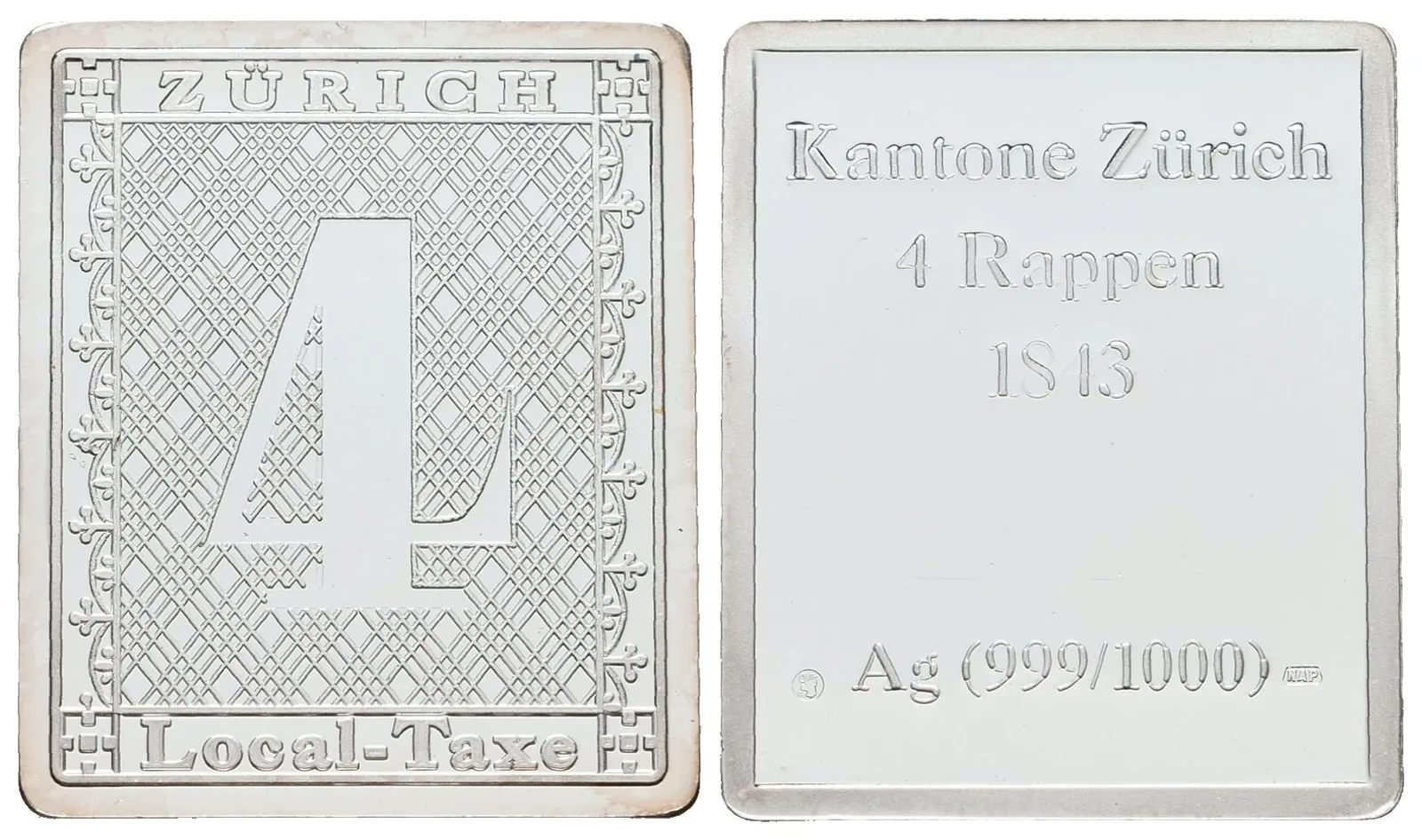 Stříbrná známka - Curych 1843 - 4 centimy - Ag 6 g - 999/1000