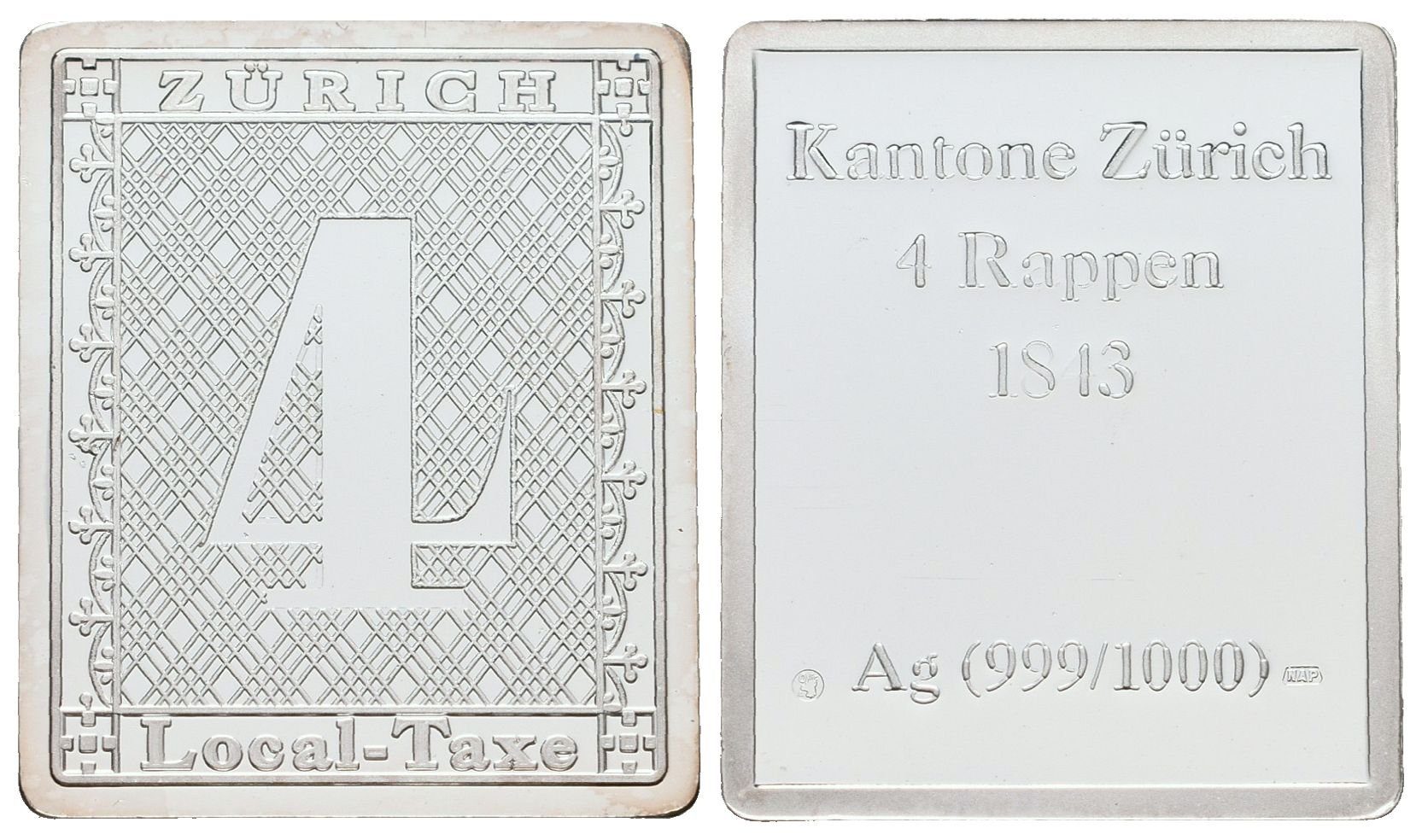 Stříbrná známka - Curych 1843 - 4 centimy - Ag 6 g - 999/1000