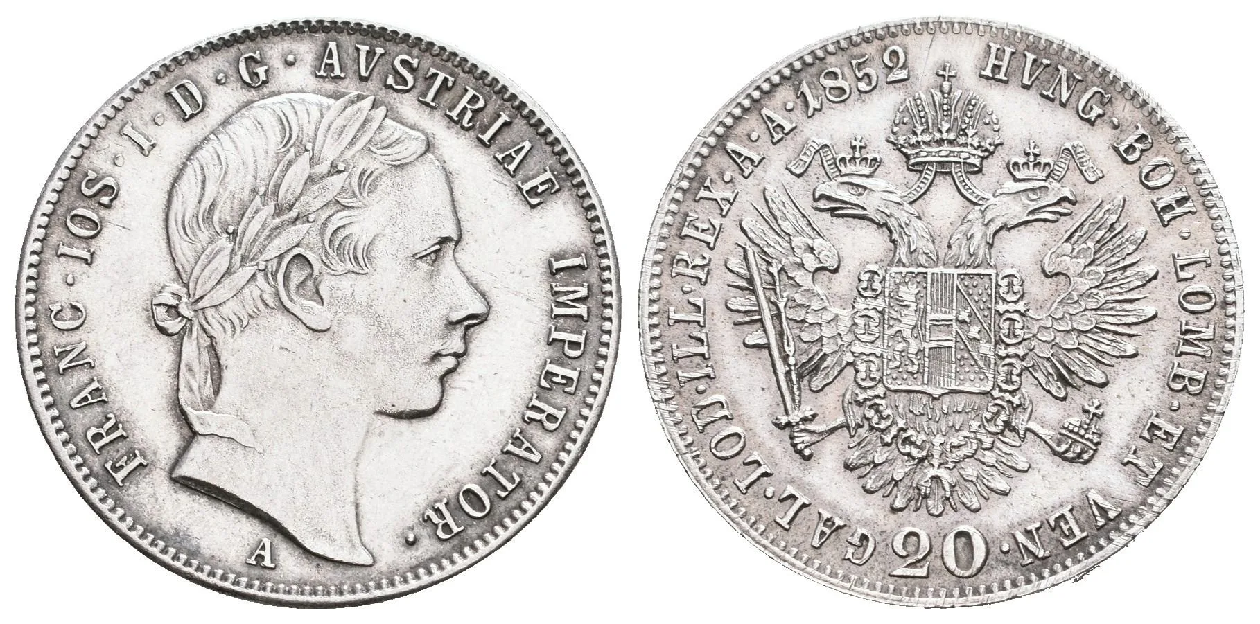 20 Krejcar 1852 A, velmi pěkná zachovalost, patina, — 1