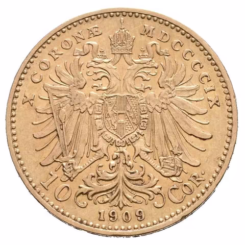 10 Koruna 1909, typ Marschall, zbytky lesku, drobné rysky