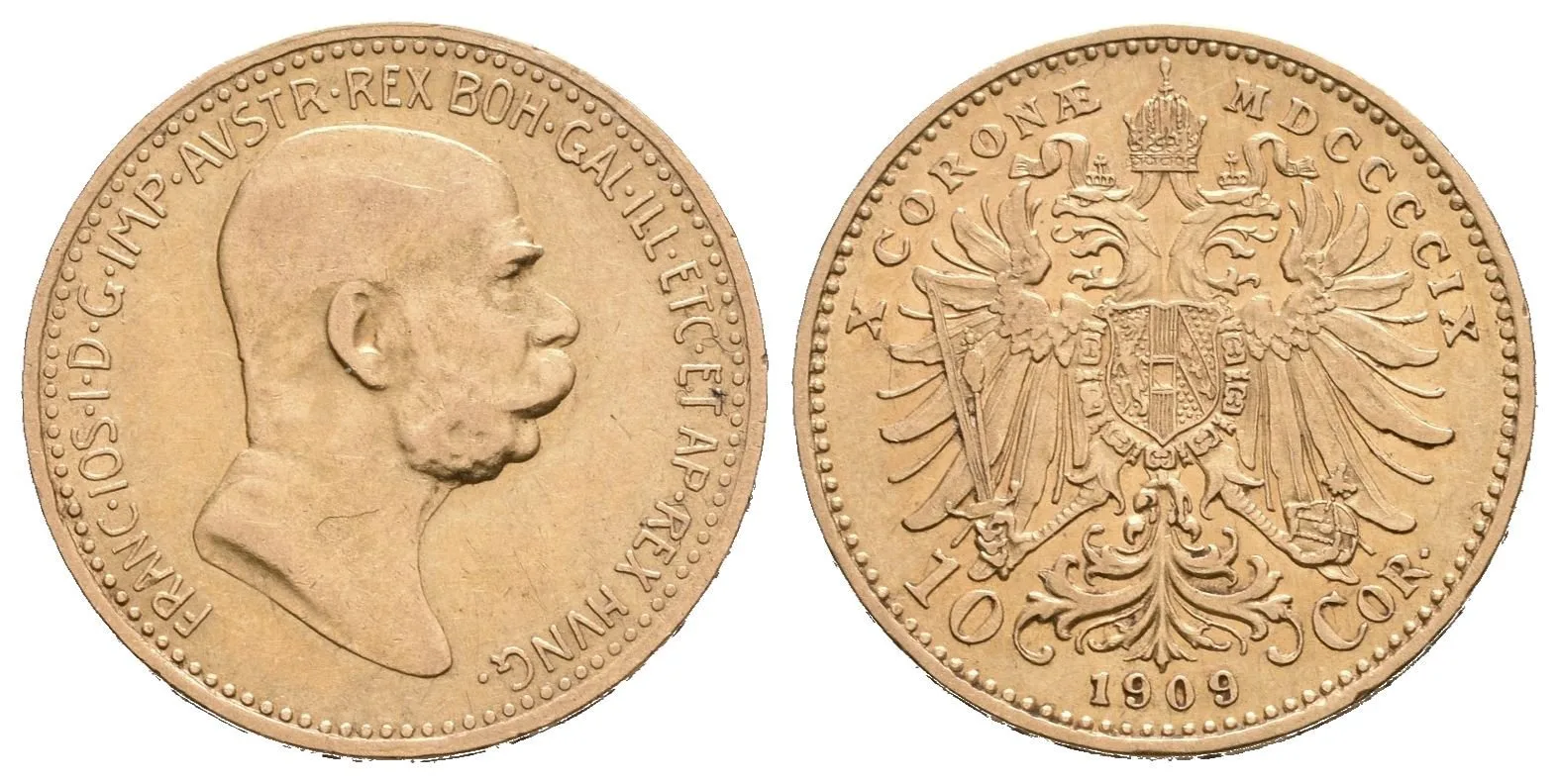 10 Koruna 1909, typ Marschall, zbytky lesku, drobné rysky — 1