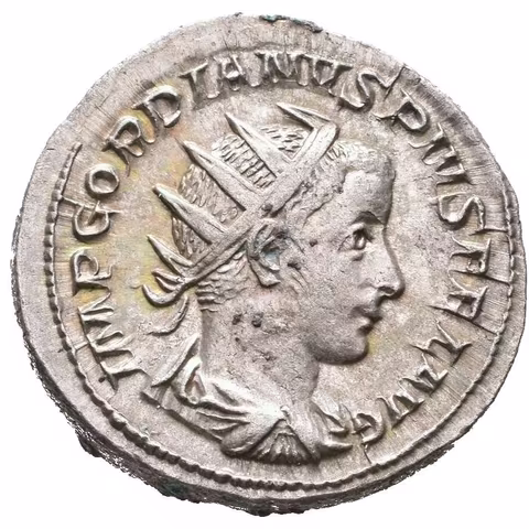 Antoninian, 241 - 243, Rv: P M TR P IIII COS II P P, stojící Gordian ve vojenském oděvu