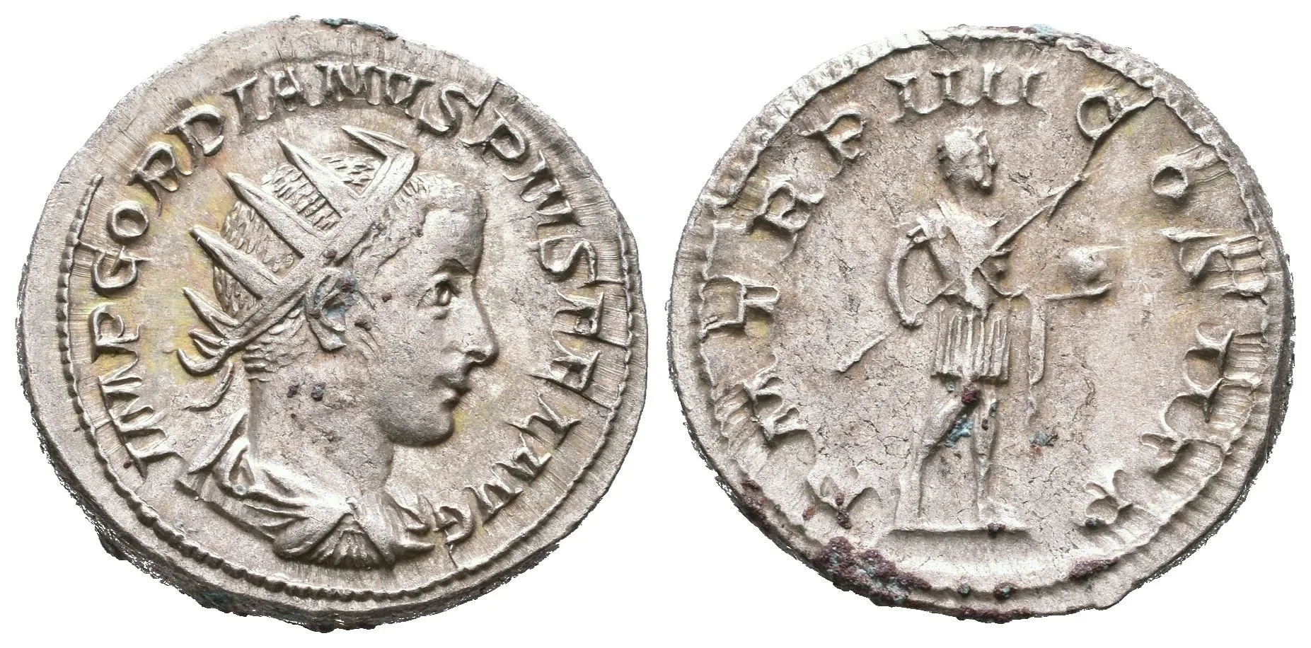 Antoninian, 241 - 243, Rv: P M TR P IIII COS II P P, stojící Gordian ve vojenském oděvu — 1