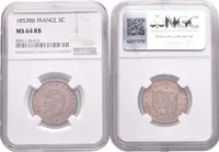 5 Centimes 1853 BB, Strasbourg, KM.777.1, certifikace NGC, hodnocení MS 64 RB, — 2