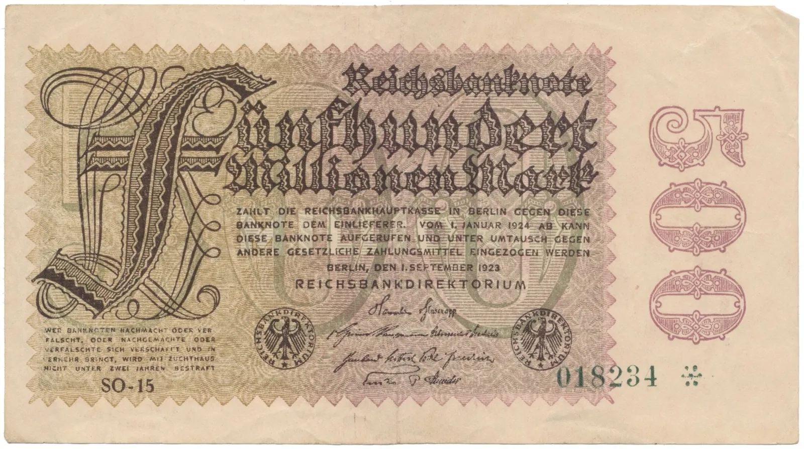 Německo, 500 Millionen Mark 1923, vodoznak Sterne, Ro.109h