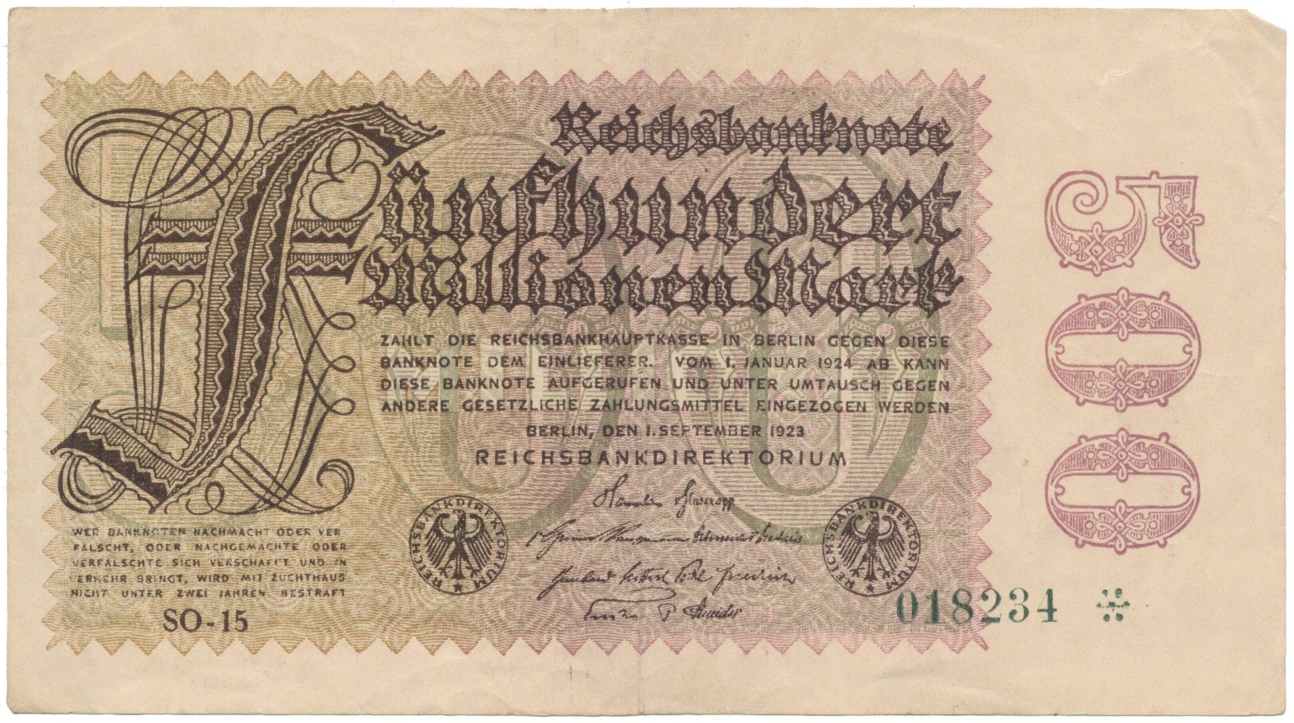 Německo, 500 Millionen Mark 1923, vodoznak Sterne, Ro.109h