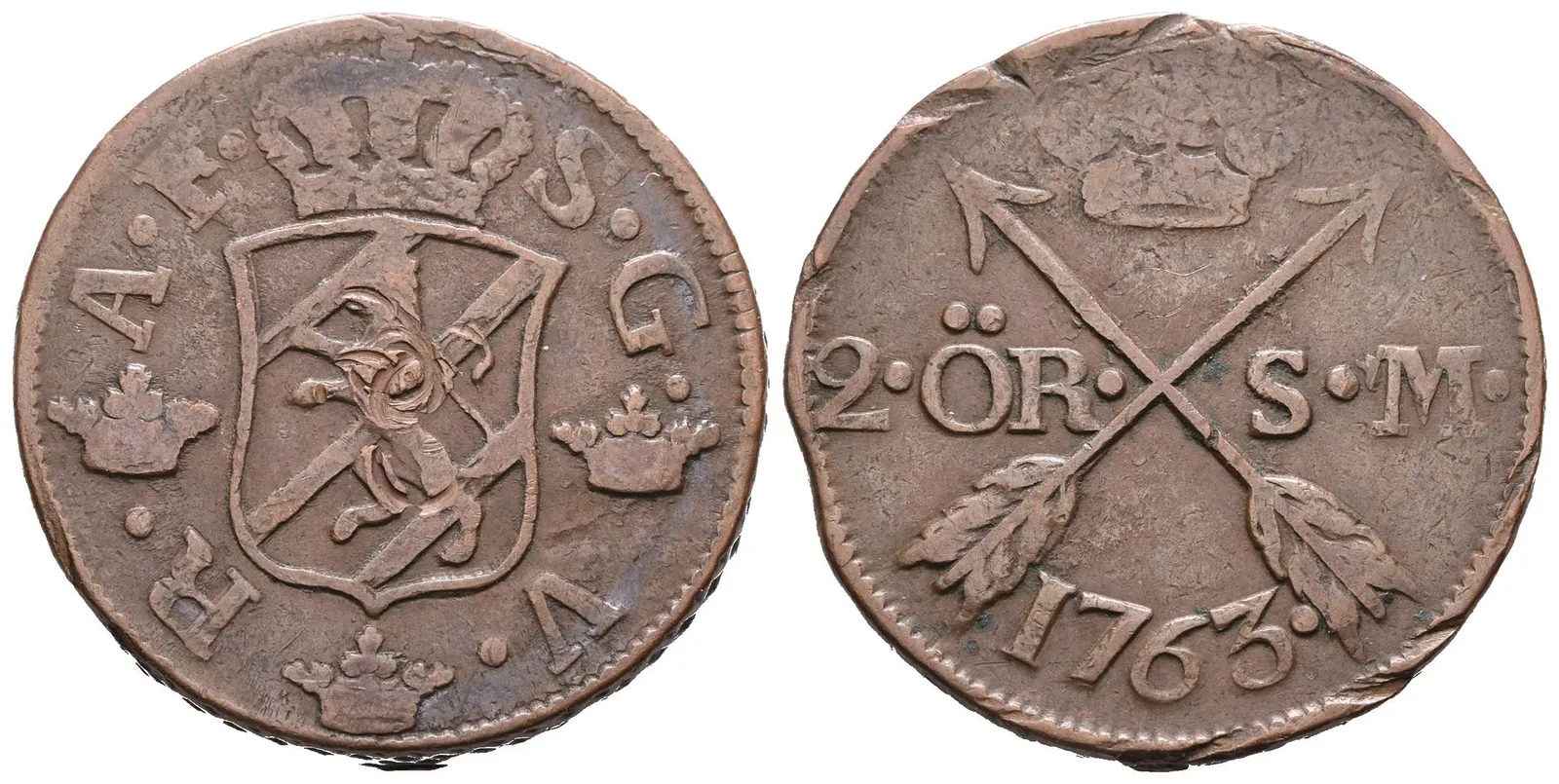 Švédsko, 2 Öre SM 1763